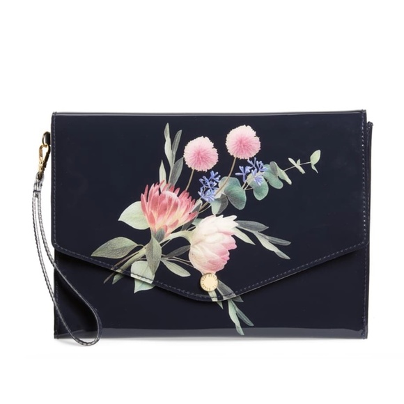 TED BAKER LONDON - Flourish Envelope Pouch Navy Patent PVC Pastel Flower Clutch - Picture 1 of 16